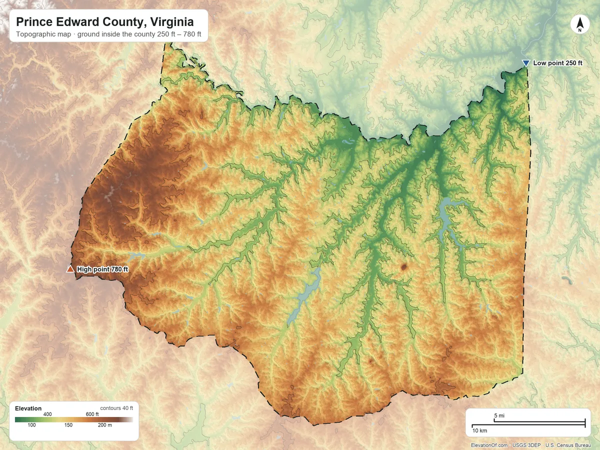 Topographic elevation map of Prince Edward County, Virginia, shaded from 250 ft on the northeast side to 780 ft on Lyle Mountain