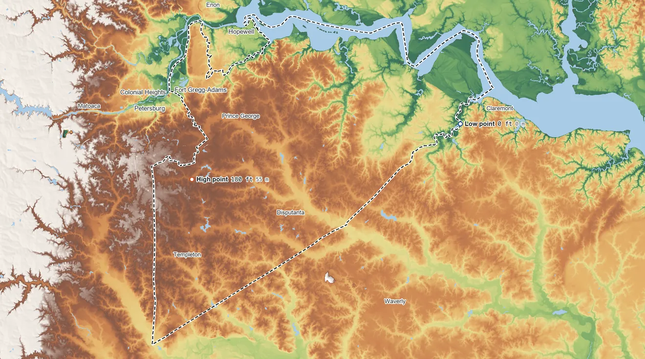 Topographic elevation map of Prince George County, Virginia, shaded from 0 ft on the east side to 180 ft on the west side