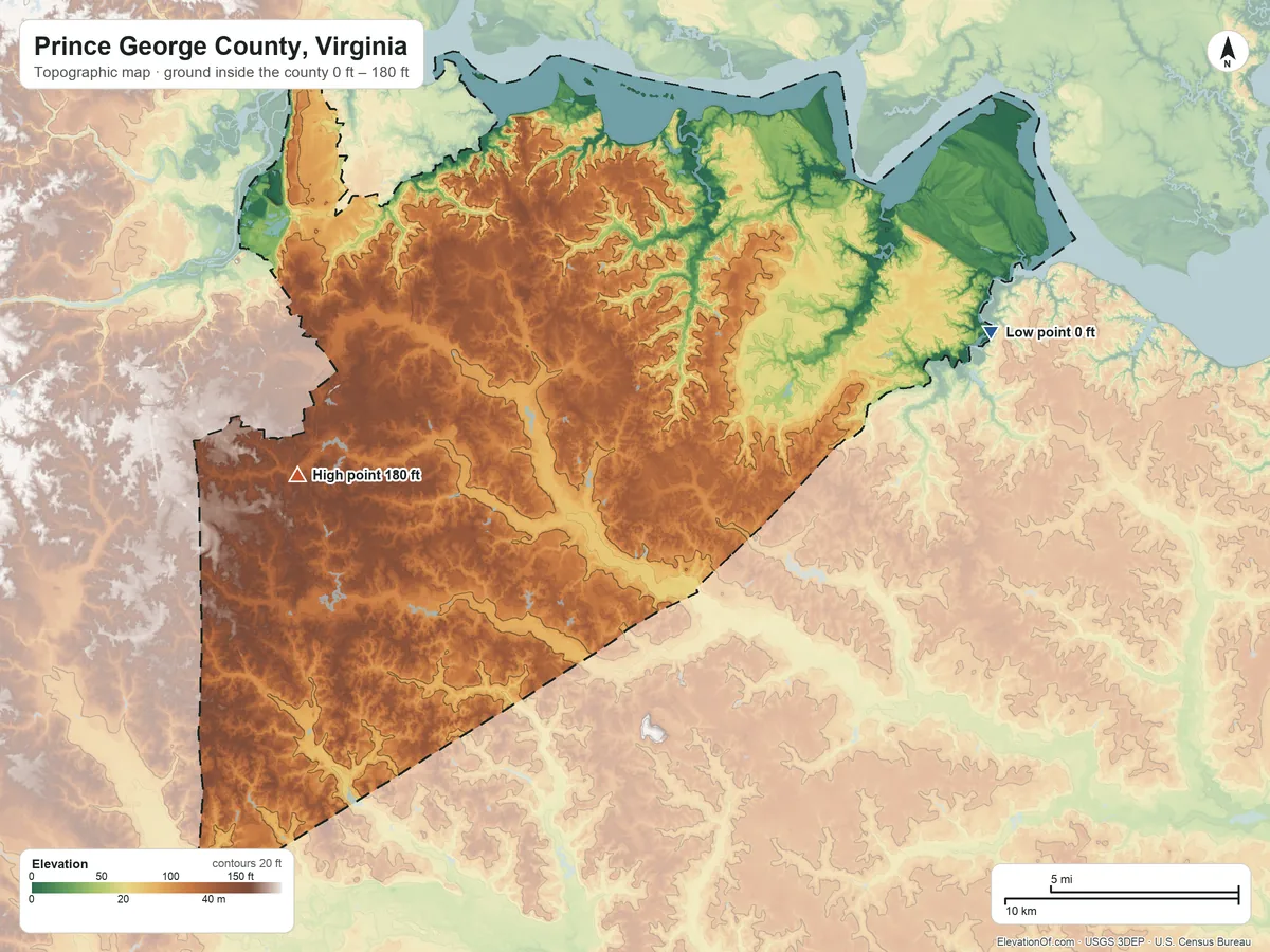 Topographic elevation map of Prince George County, Virginia, shaded from 0 ft on the east side to 180 ft on the west side