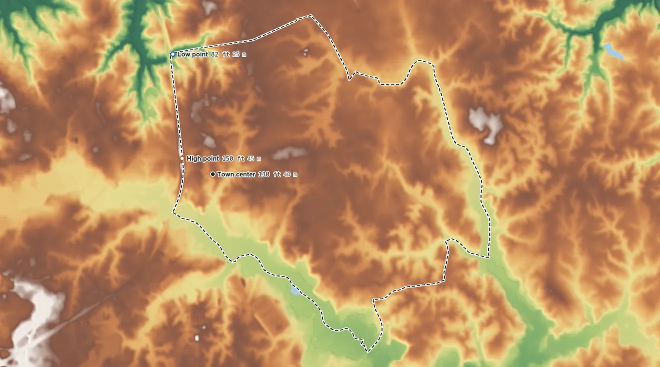 Topographic elevation map of Prince George, Virginia, shaded from 82 ft on the north side to 150 ft near the middle