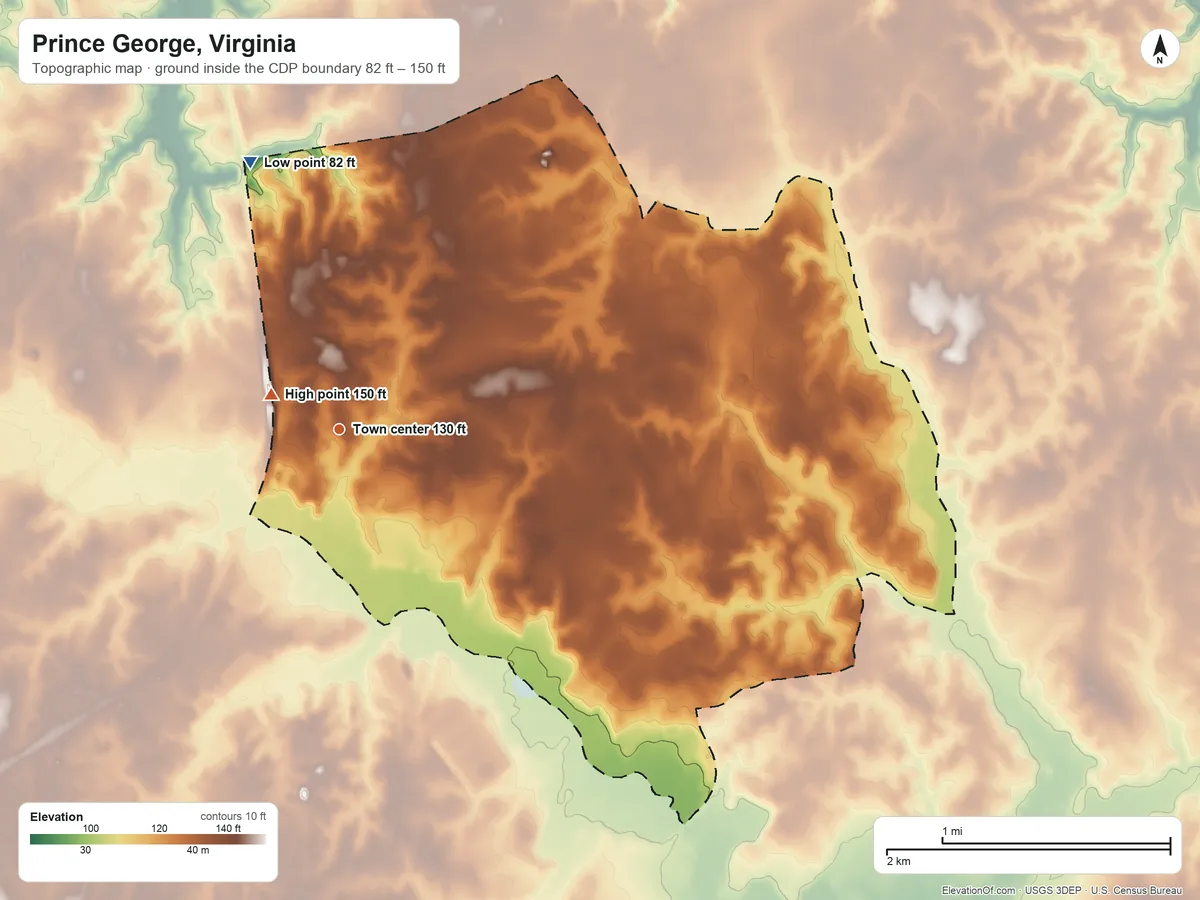 Topographic elevation map of Prince George, Virginia, shaded from 82 ft on the north side to 150 ft near the middle