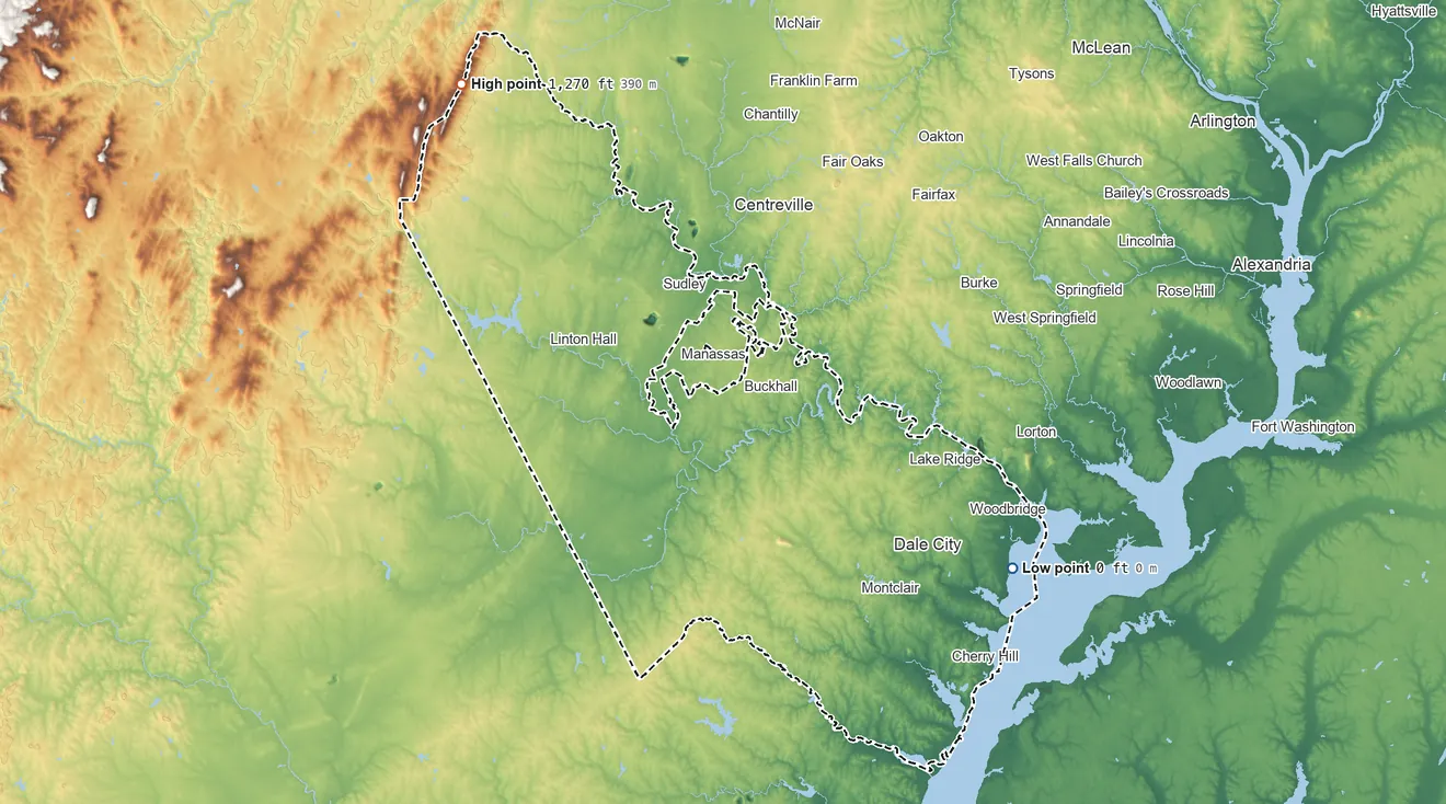 Topographic elevation map of Prince William County, Virginia, shaded from sea level on Occoquan Bay to 1,270 ft on the northwest side