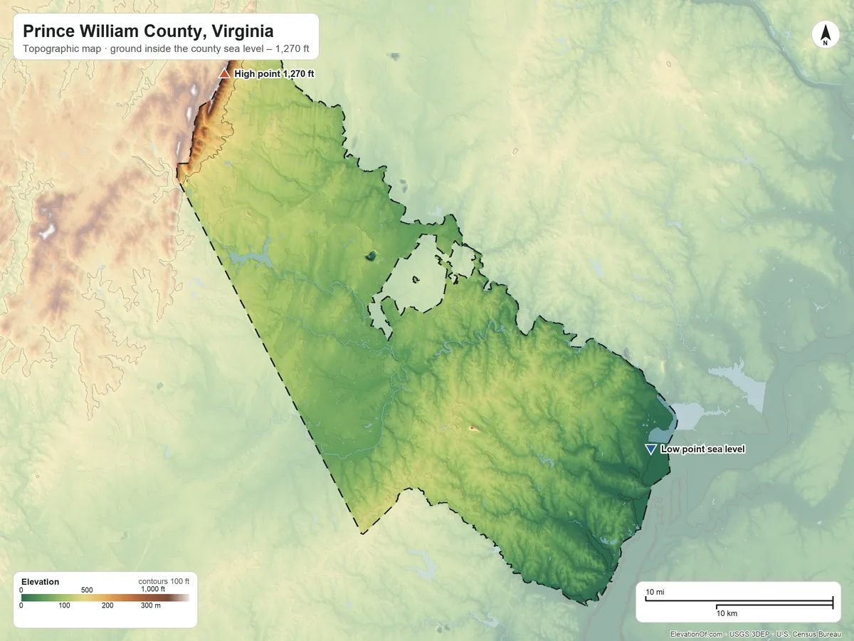 Topographic elevation map of Prince William County, Virginia, shaded from sea level on Occoquan Bay to 1,270 ft on the northwest side