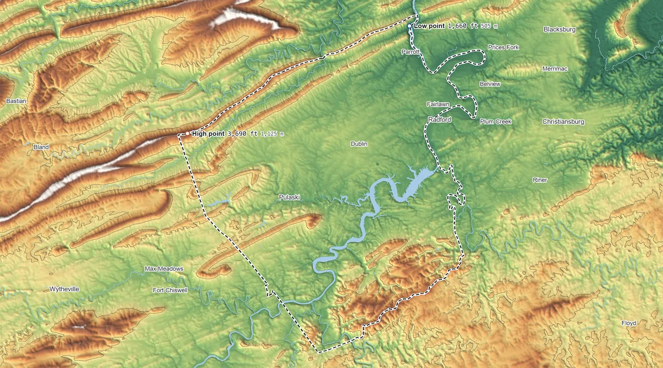 Topographic elevation map of Pulaski County, Virginia, shaded from 1,660 ft on the northeast side to 3,690 ft on the west side