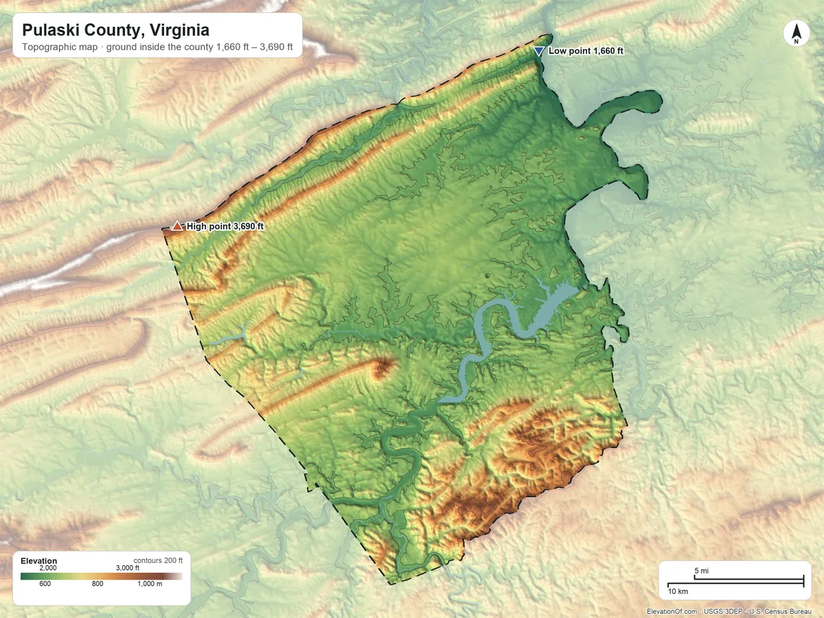 Topographic elevation map of Pulaski County, Virginia, shaded from 1,660 ft on the northeast side to 3,690 ft on the west side