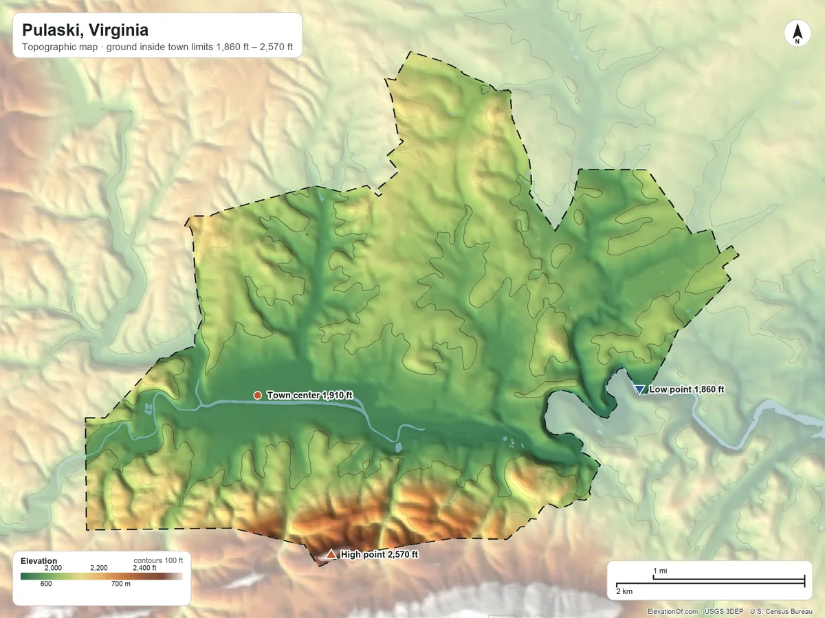 Topographic elevation map of Pulaski, Virginia, shaded from 1,860 ft on the east side to 2,570 ft on the southeast edge, below higher ground just outside