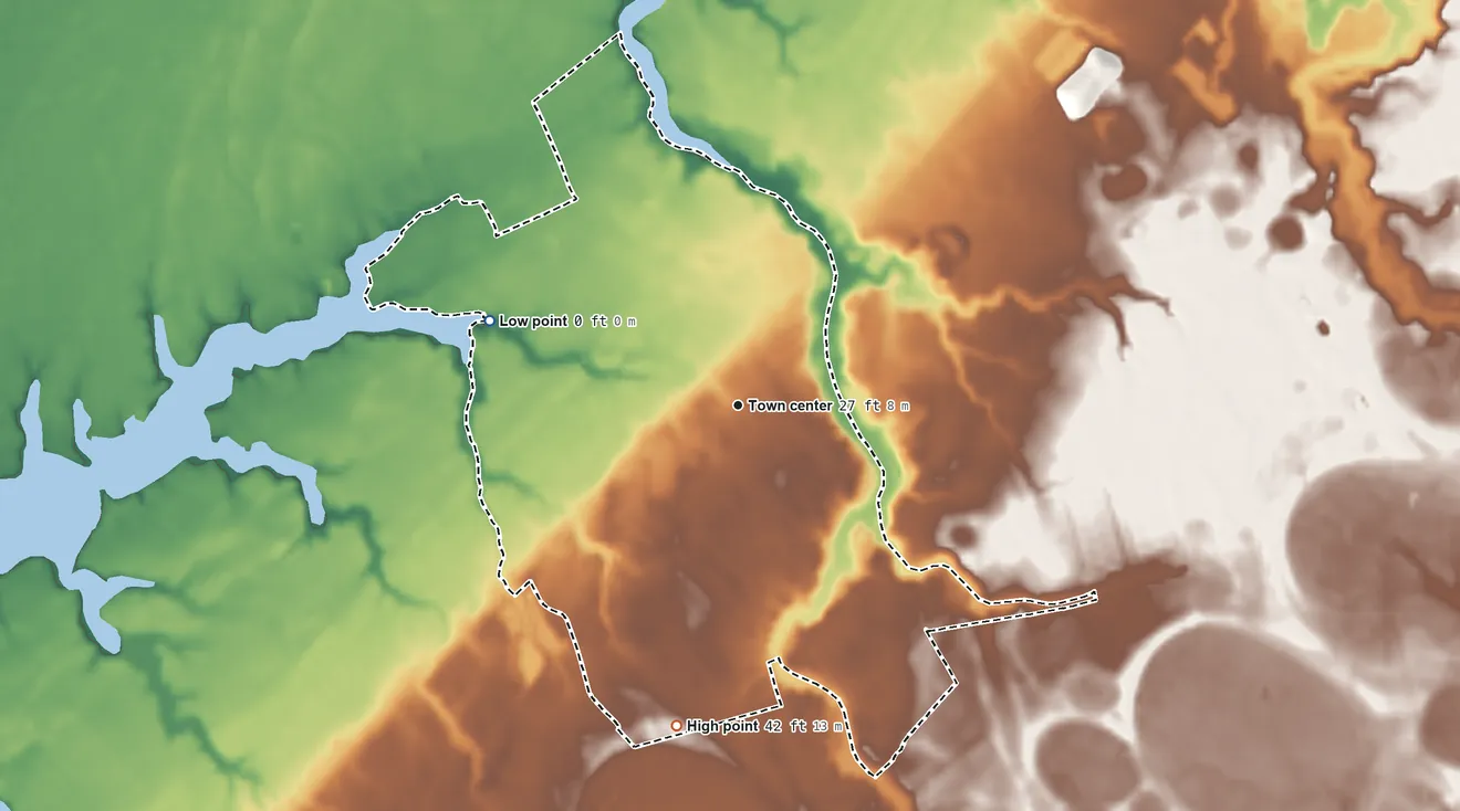 Topographic elevation map of Pungoteague, Virginia, shaded from 0 ft on the west side to 42 ft on the south side