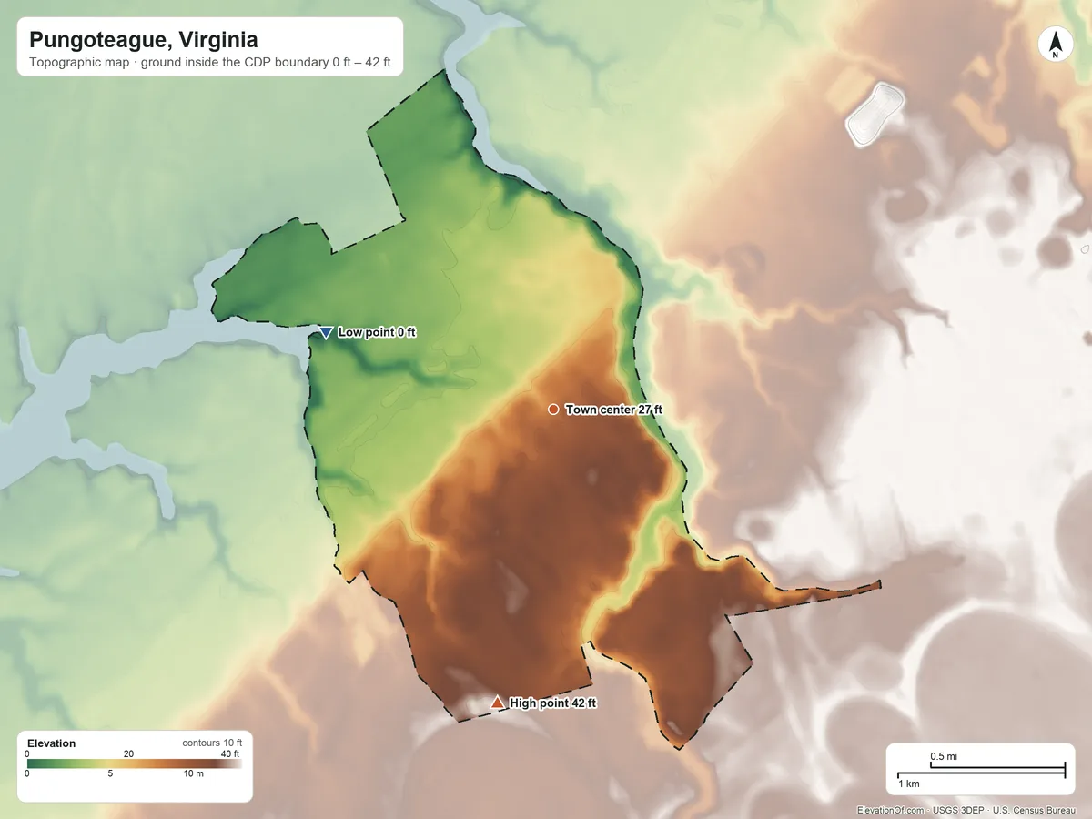 Topographic elevation map of Pungoteague, Virginia, shaded from 0 ft on the west side to 42 ft on the south side