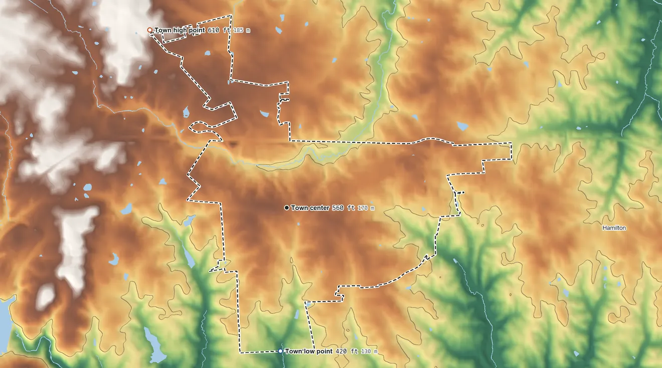 Topographic elevation map of Purcellville, Virginia, shaded from 420 ft on the south side to 610 ft on the northwest edge, below higher ground just outside