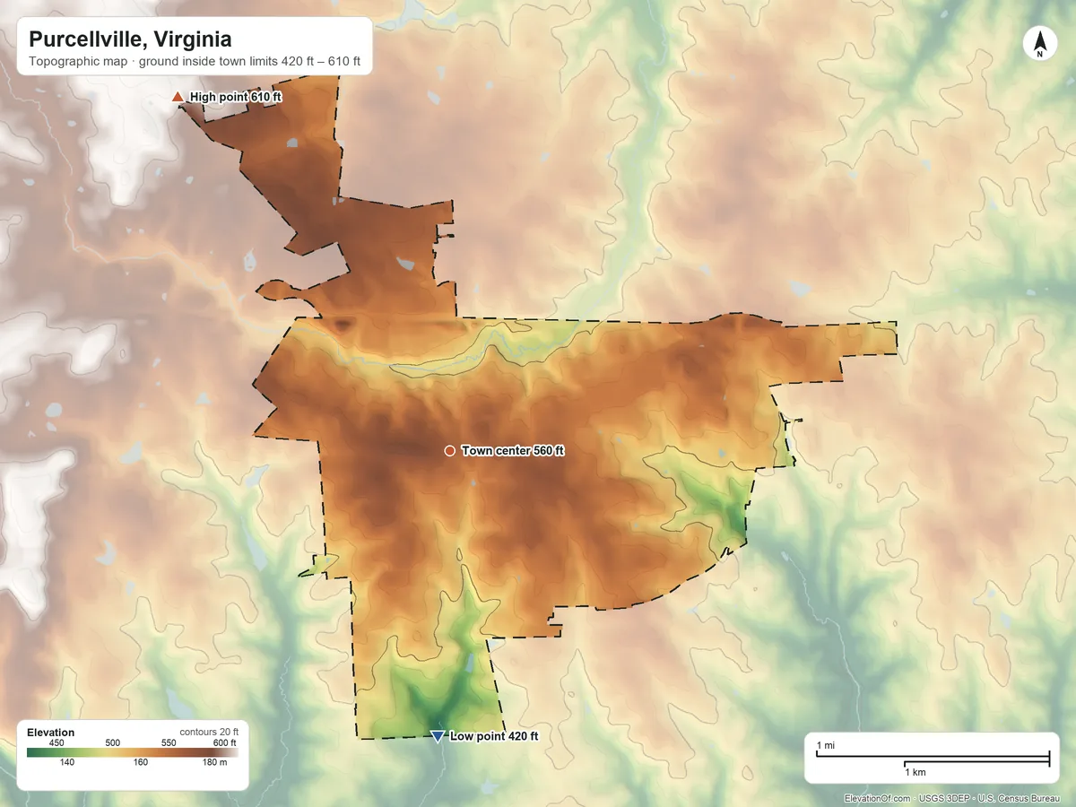 Topographic elevation map of Purcellville, Virginia, shaded from 420 ft on the south side to 610 ft on the northwest edge, below higher ground just outside