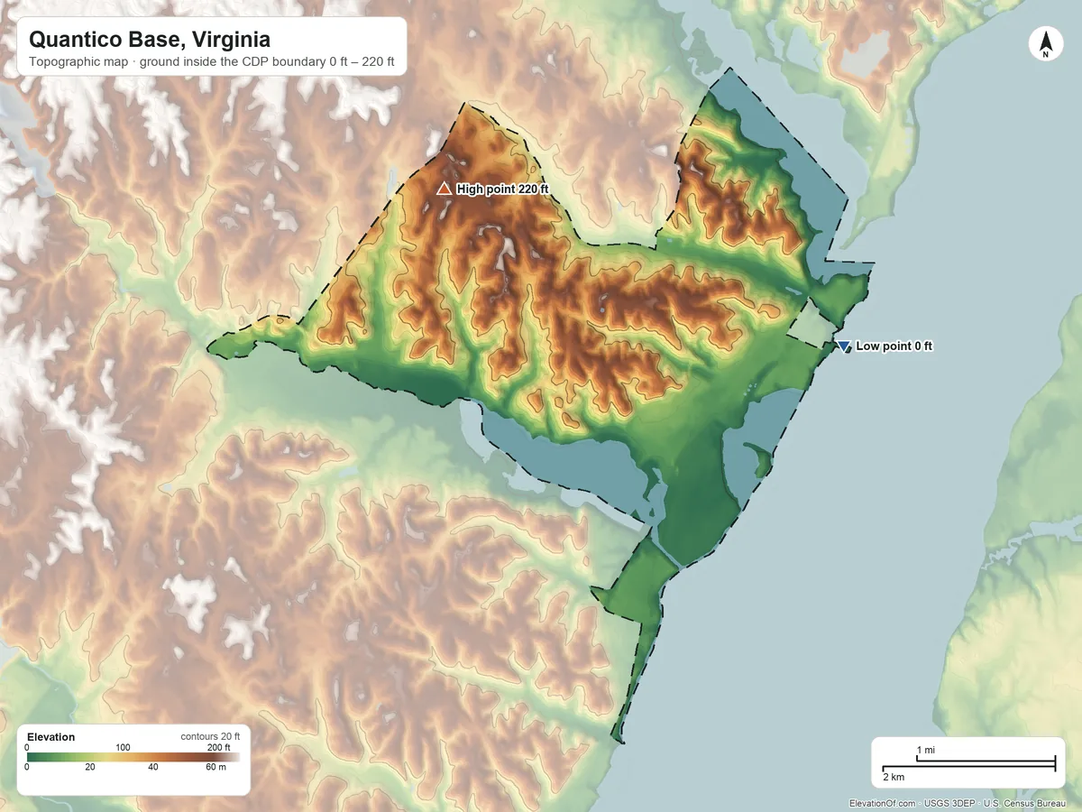 Topographic elevation map of Quantico Base, Virginia, shaded from 0 ft on the east side to 220 ft on the northwest side