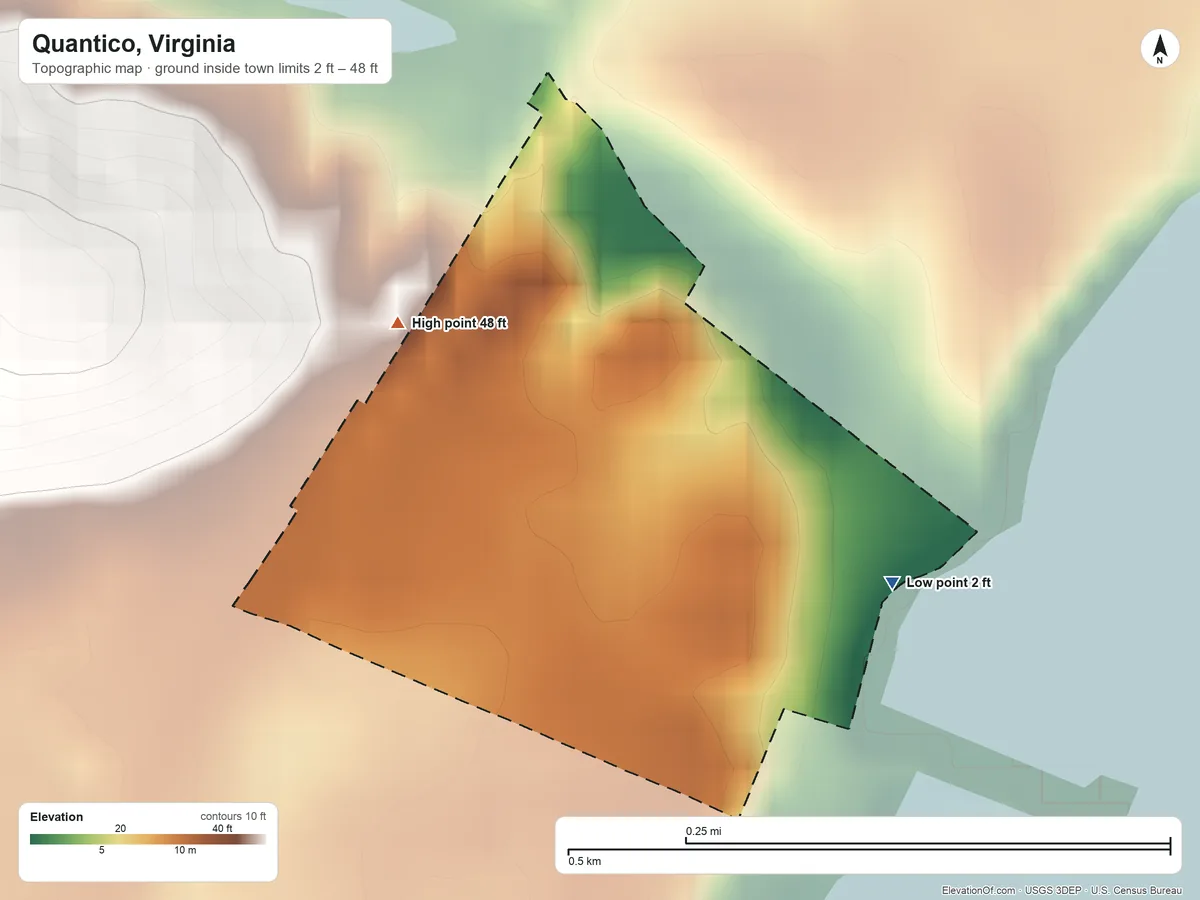 Topographic elevation map of Quantico, Virginia, shaded from 2 ft on the east side to 48 ft on the northwest side