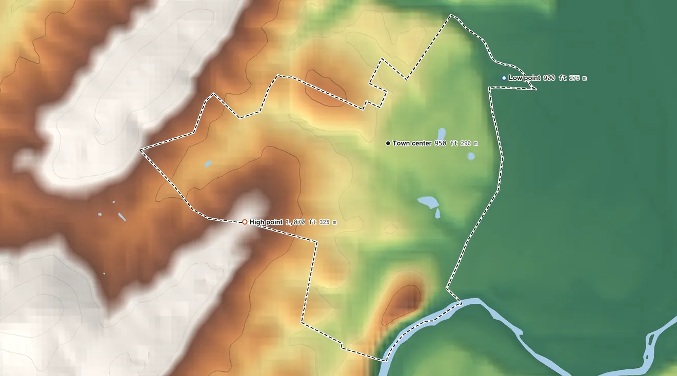Topographic elevation map of Quicksburg, Virginia, shaded from 900 ft on the northeast side to 1,070 ft at the foot of the Massanutten Mountain