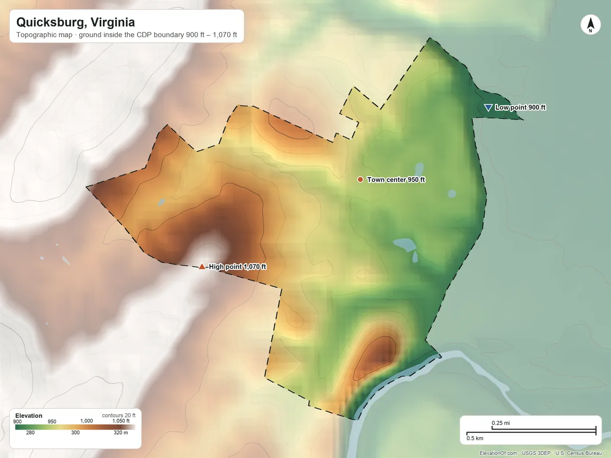 Topographic elevation map of Quicksburg, Virginia, shaded from 900 ft on the northeast side to 1,070 ft at the foot of the Massanutten Mountain