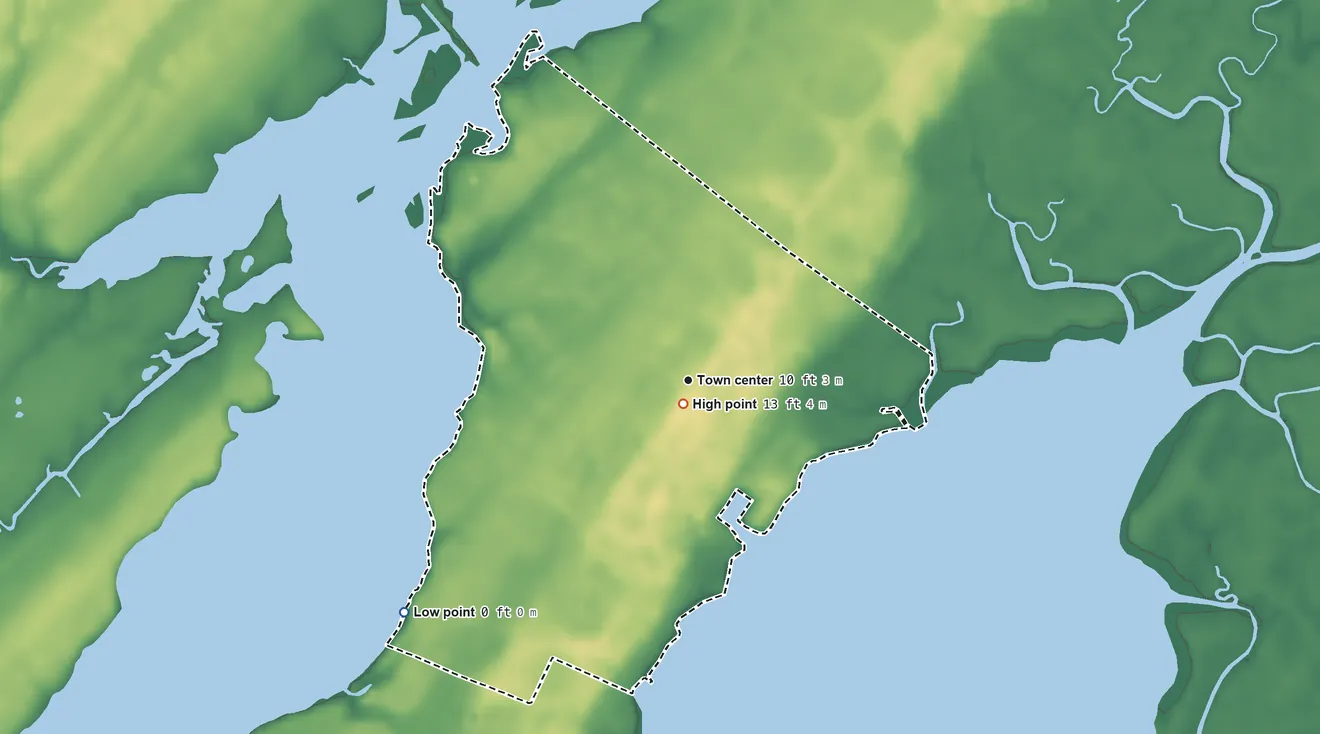 Topographic elevation map of Quinby, Virginia, shaded from sea level level on Upshur Bay to 13 ft near the middle