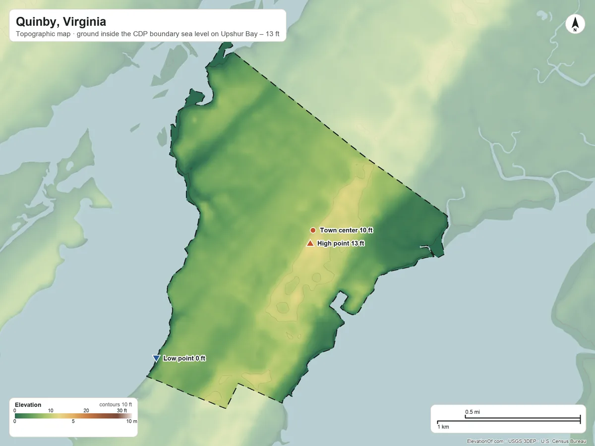 Topographic elevation map of Quinby, Virginia, shaded from sea level level on Upshur Bay to 13 ft near the middle