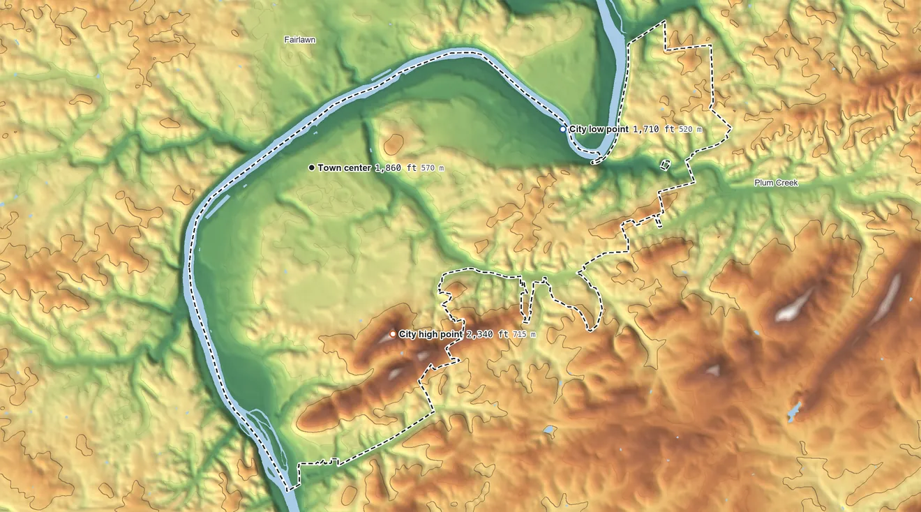 Topographic elevation map of Radford, Virginia, shaded from 1,710 ft on the east side to 2,340 ft on the southeast side