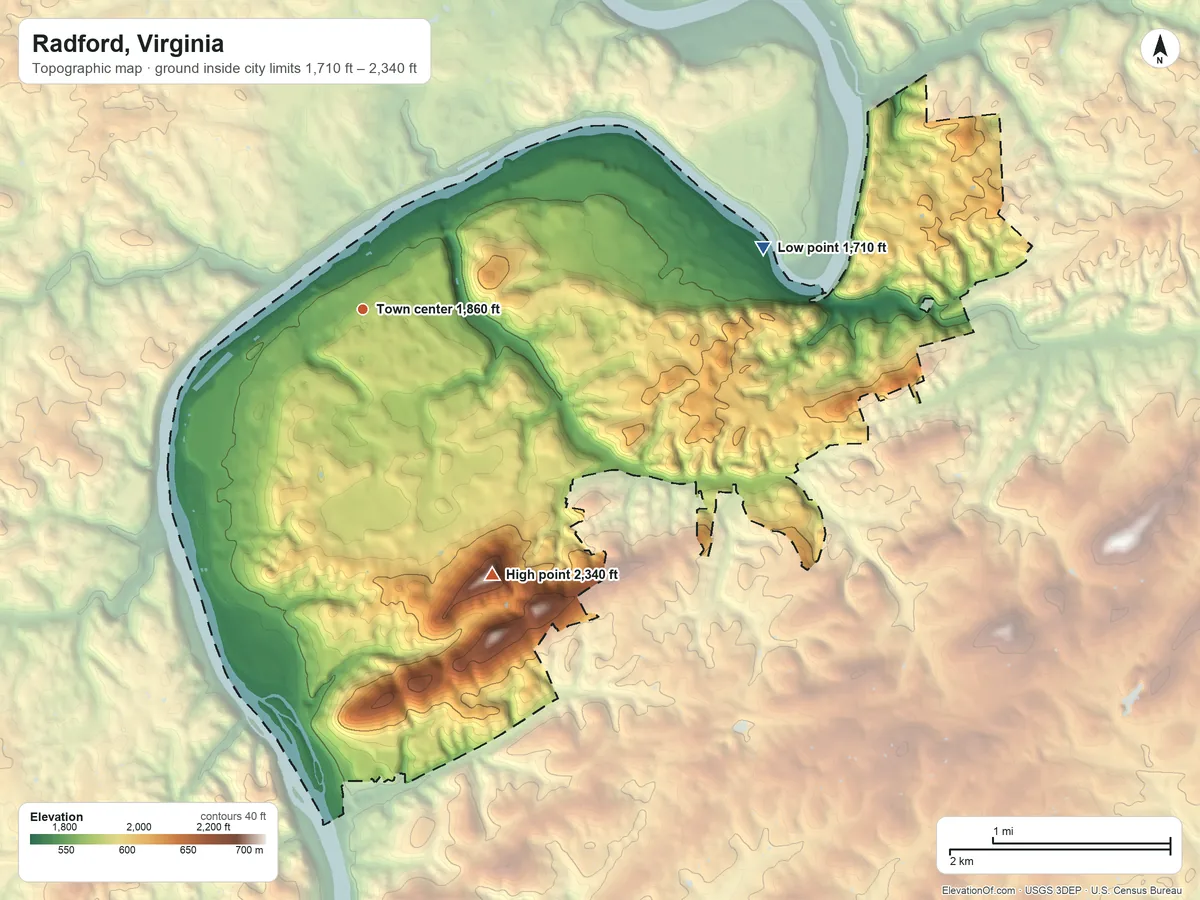 Topographic elevation map of Radford, Virginia, shaded from 1,710 ft on the east side to 2,340 ft on the southeast side