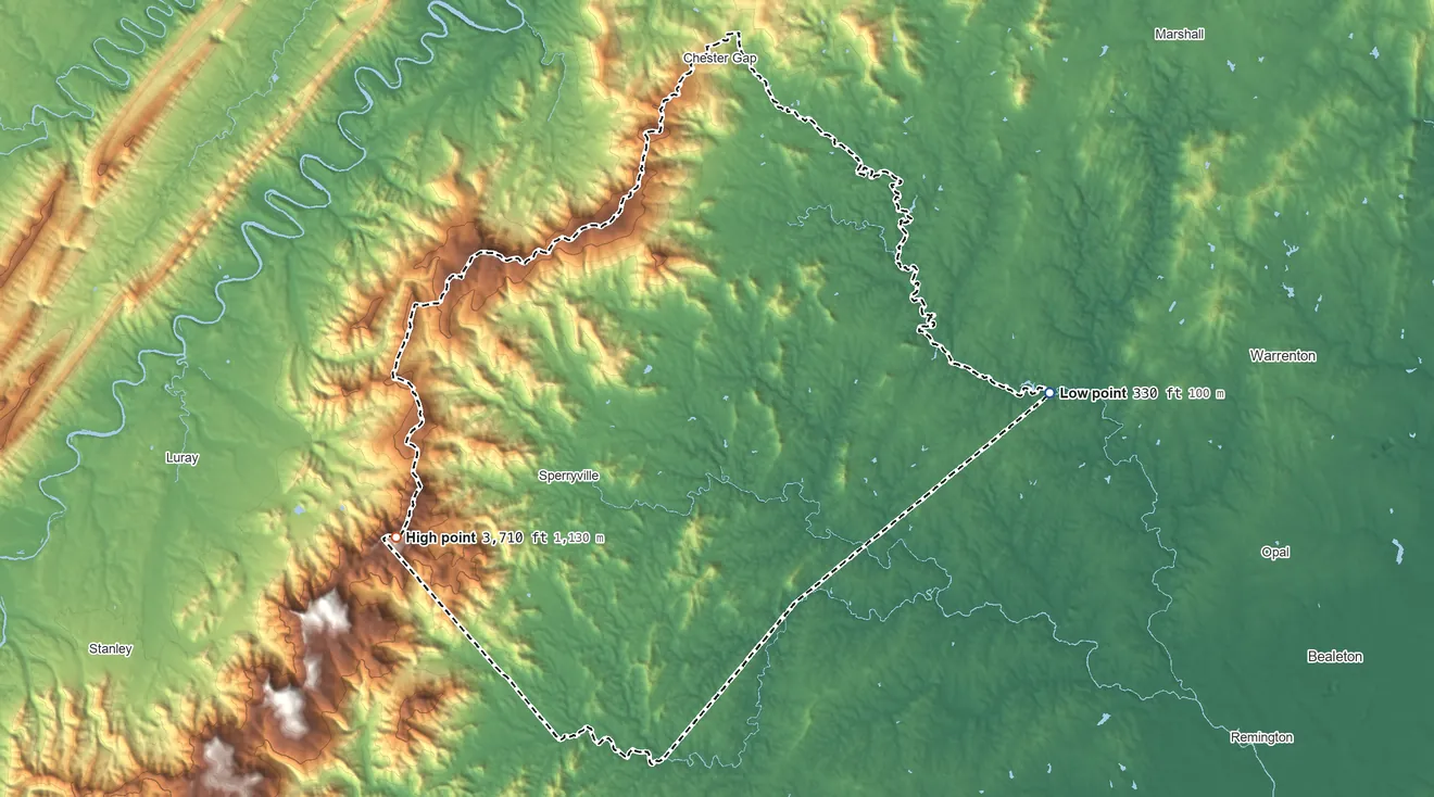 Topographic elevation map of Rappahannock County, Virginia, shaded from 330 ft on the east side to 3,710 ft on the southwest side