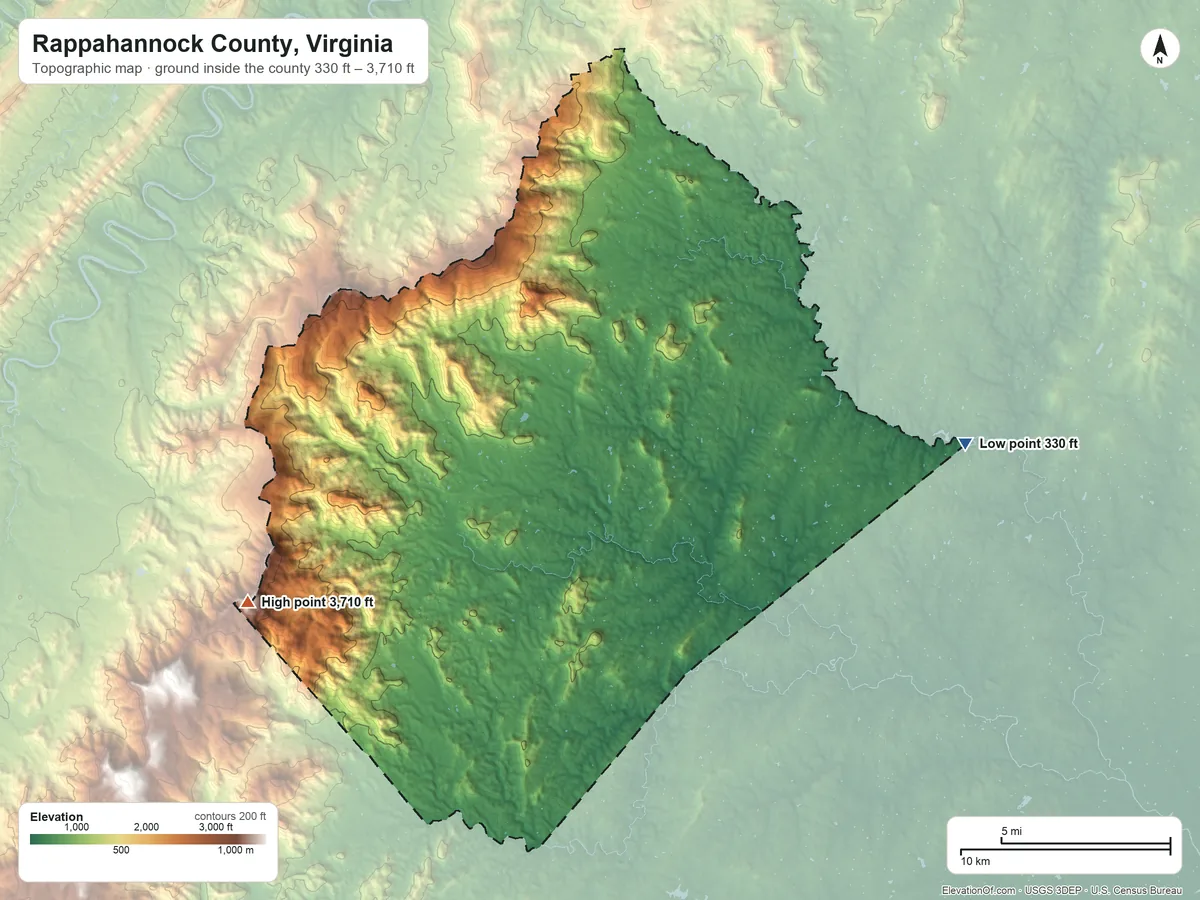 Topographic elevation map of Rappahannock County, Virginia, shaded from 330 ft on the east side to 3,710 ft on the southwest side