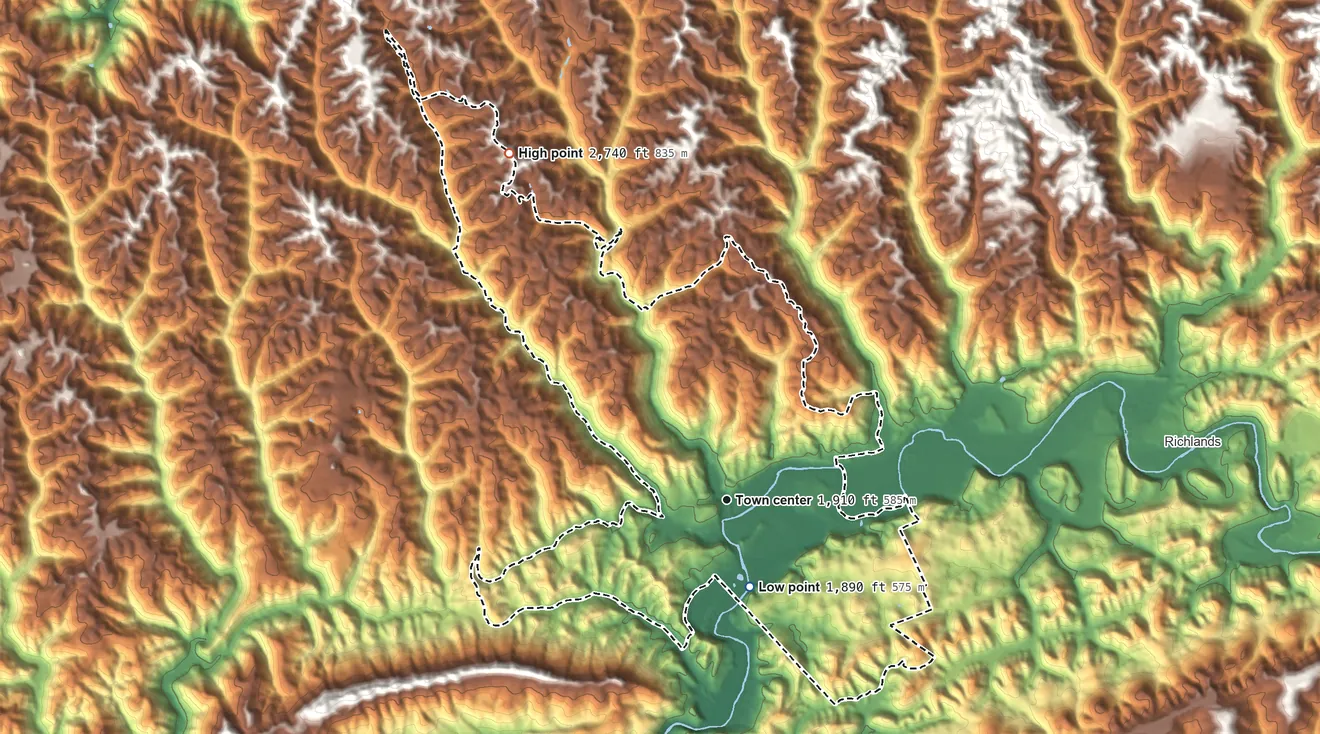 Topographic elevation map of Raven, Virginia, shaded from 1,890 ft on the south side to 2,740 ft on the northwest side