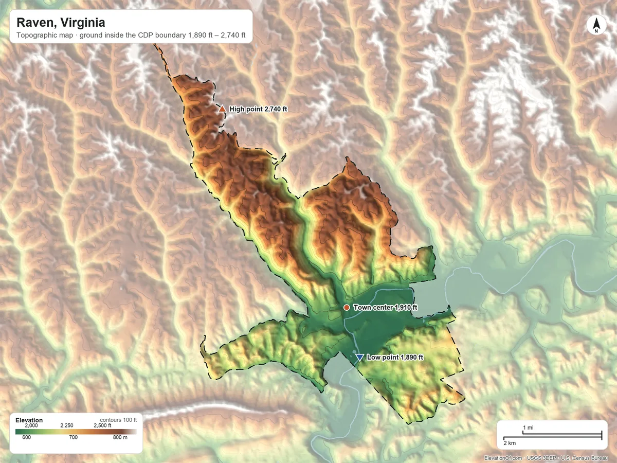 Topographic elevation map of Raven, Virginia, shaded from 1,890 ft on the south side to 2,740 ft on the northwest side