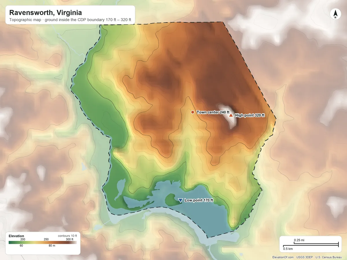 Topographic elevation map of Ravensworth, Virginia, shaded from 170 ft on the south side to 320 ft on the east side