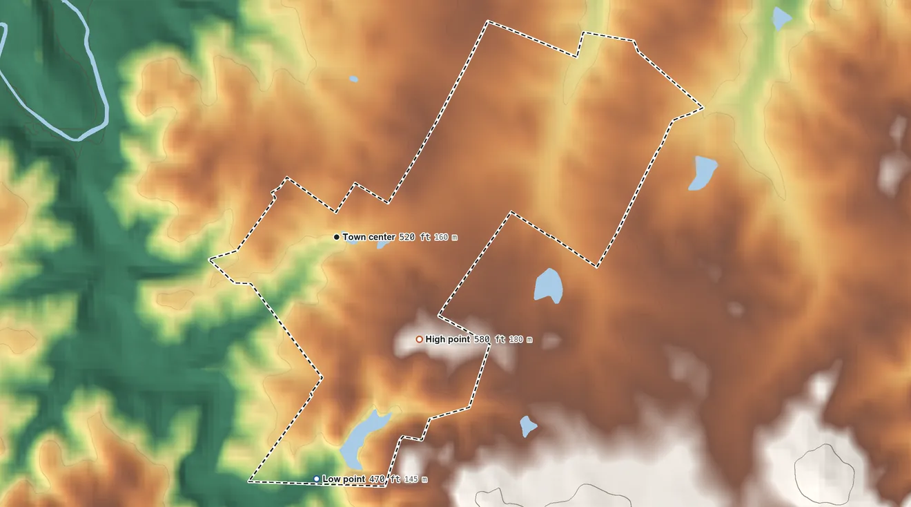 Topographic elevation map of Rectortown, Virginia, shaded from 470 ft on the south side to 580 ft on the southeast side