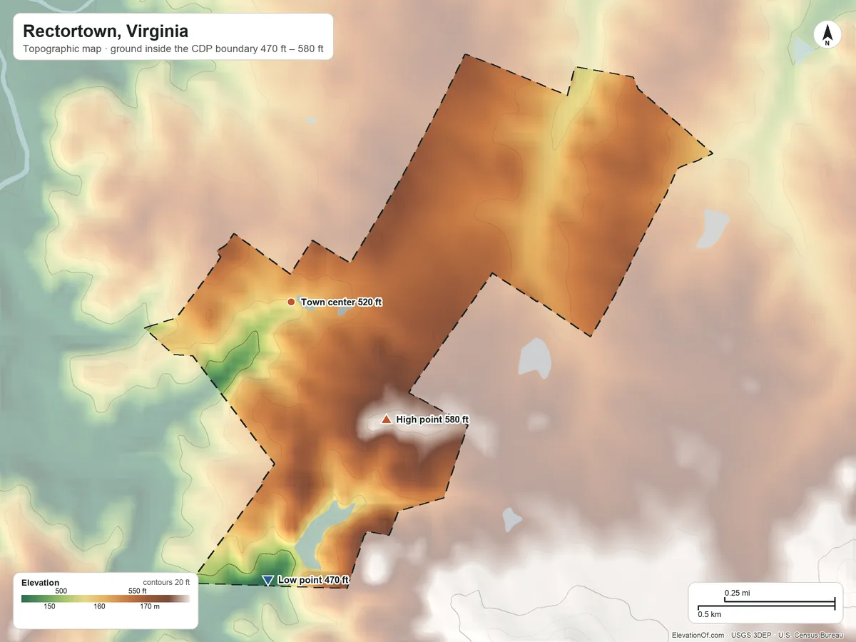 Topographic elevation map of Rectortown, Virginia, shaded from 470 ft on the south side to 580 ft on the southeast side