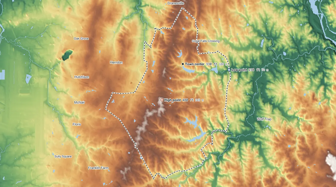 Topographic elevation map of Reston, Virginia, shaded from 230 ft on the east side to 480 ft on the southwest side