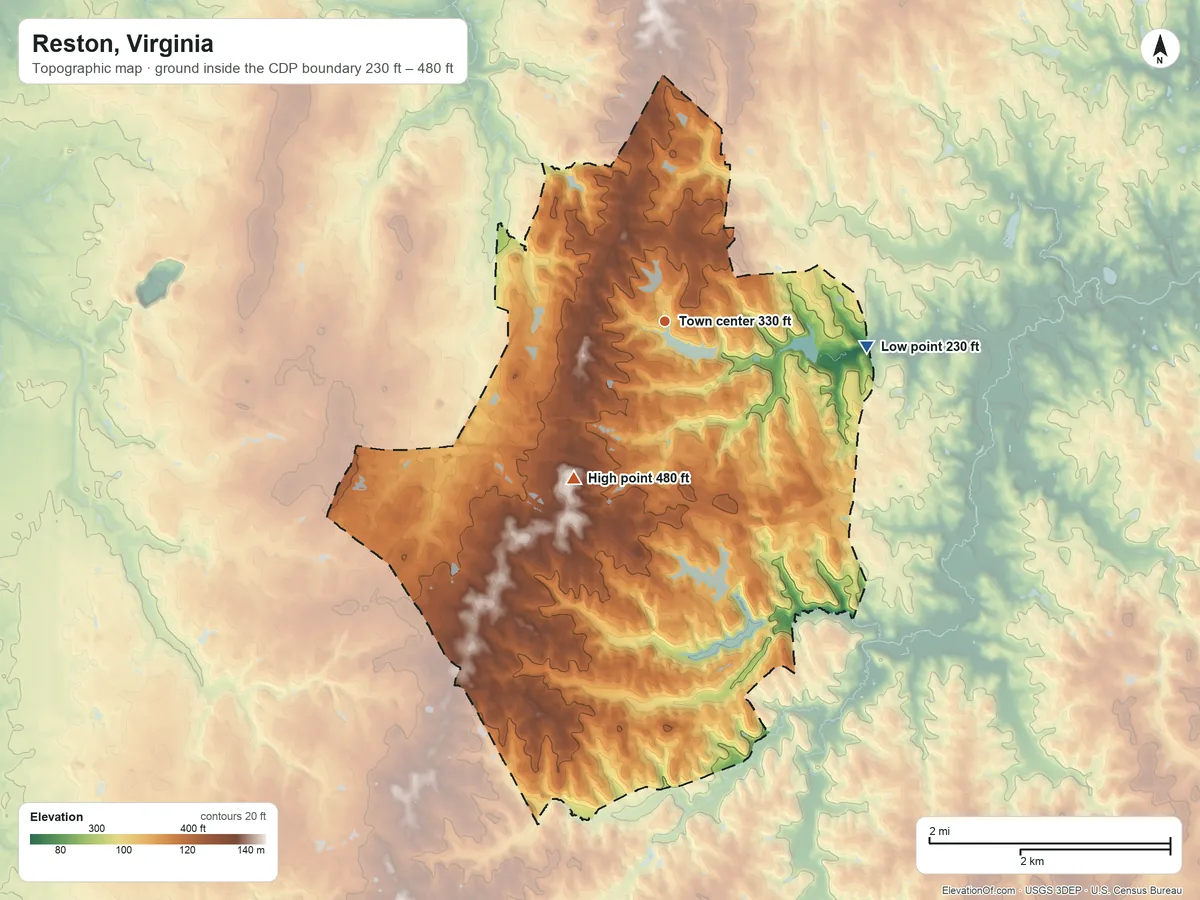 Topographic elevation map of Reston, Virginia, shaded from 230 ft on the east side to 480 ft on the southwest side