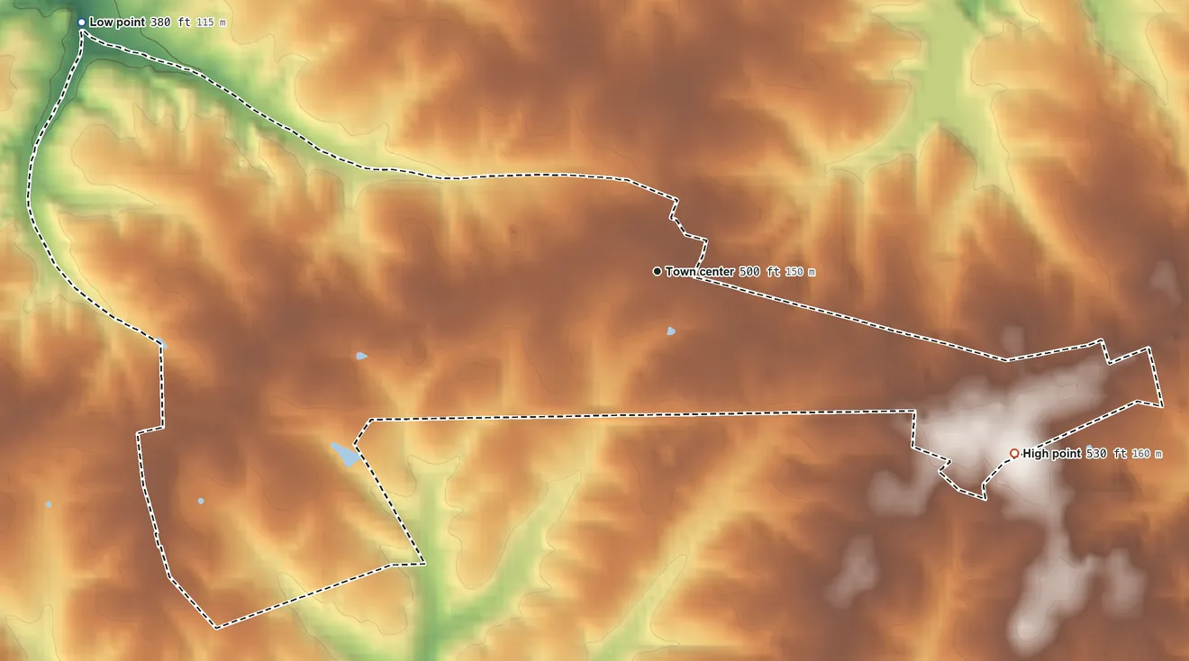 Topographic elevation map of Rhoadesville, Virginia, shaded from 380 ft on the northwest side to 530 ft on the southeast side