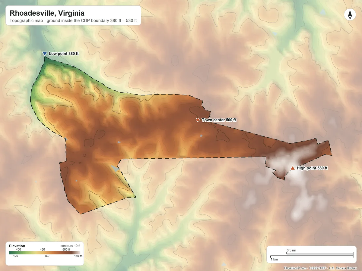 Topographic elevation map of Rhoadesville, Virginia, shaded from 380 ft on the northwest side to 530 ft on the southeast side