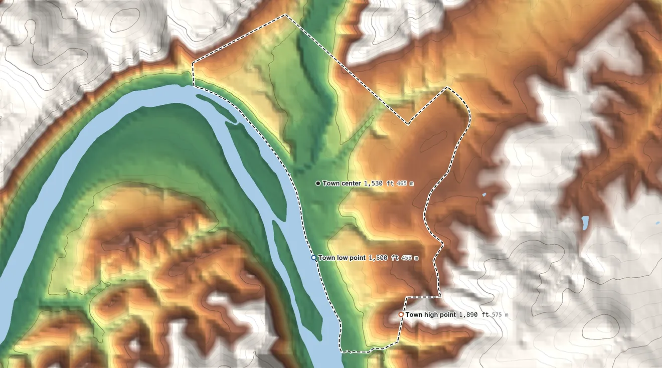 Topographic elevation map of Rich Creek, Virginia, shaded from 1,500 ft on the south side to 1,890 ft on the southeast edge, below higher ground just outside