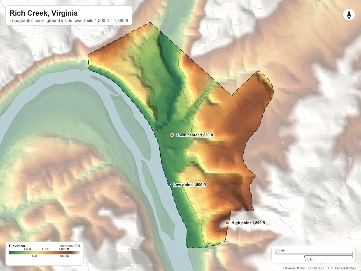 Topographic elevation map of Rich Creek, Virginia, shaded from 1,500 ft on the south side to 1,890 ft on the southeast edge, below higher ground just outside