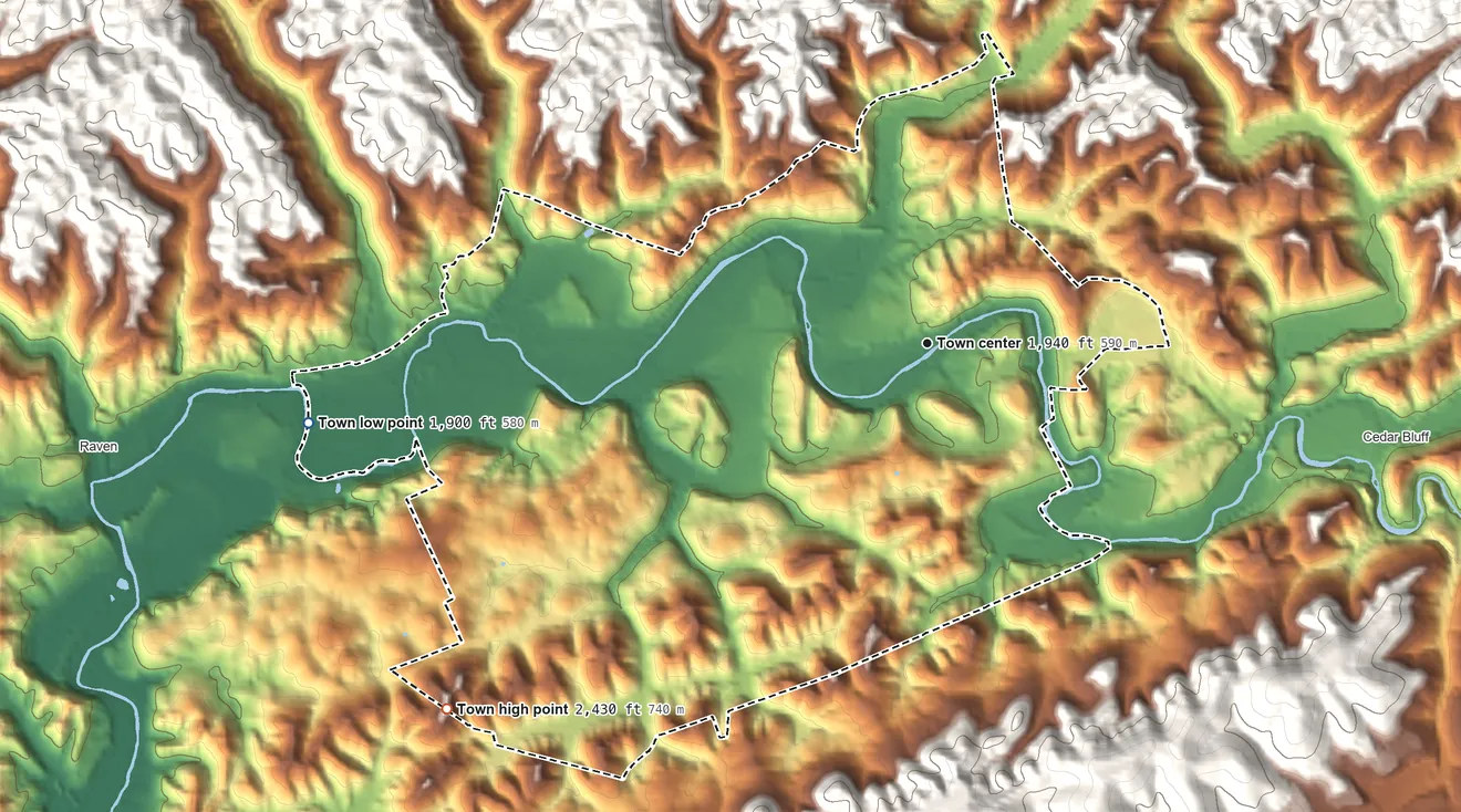 Topographic elevation map of Richlands, Virginia, shaded from 1,900 ft on the west side to 2,430 ft on the southwest side