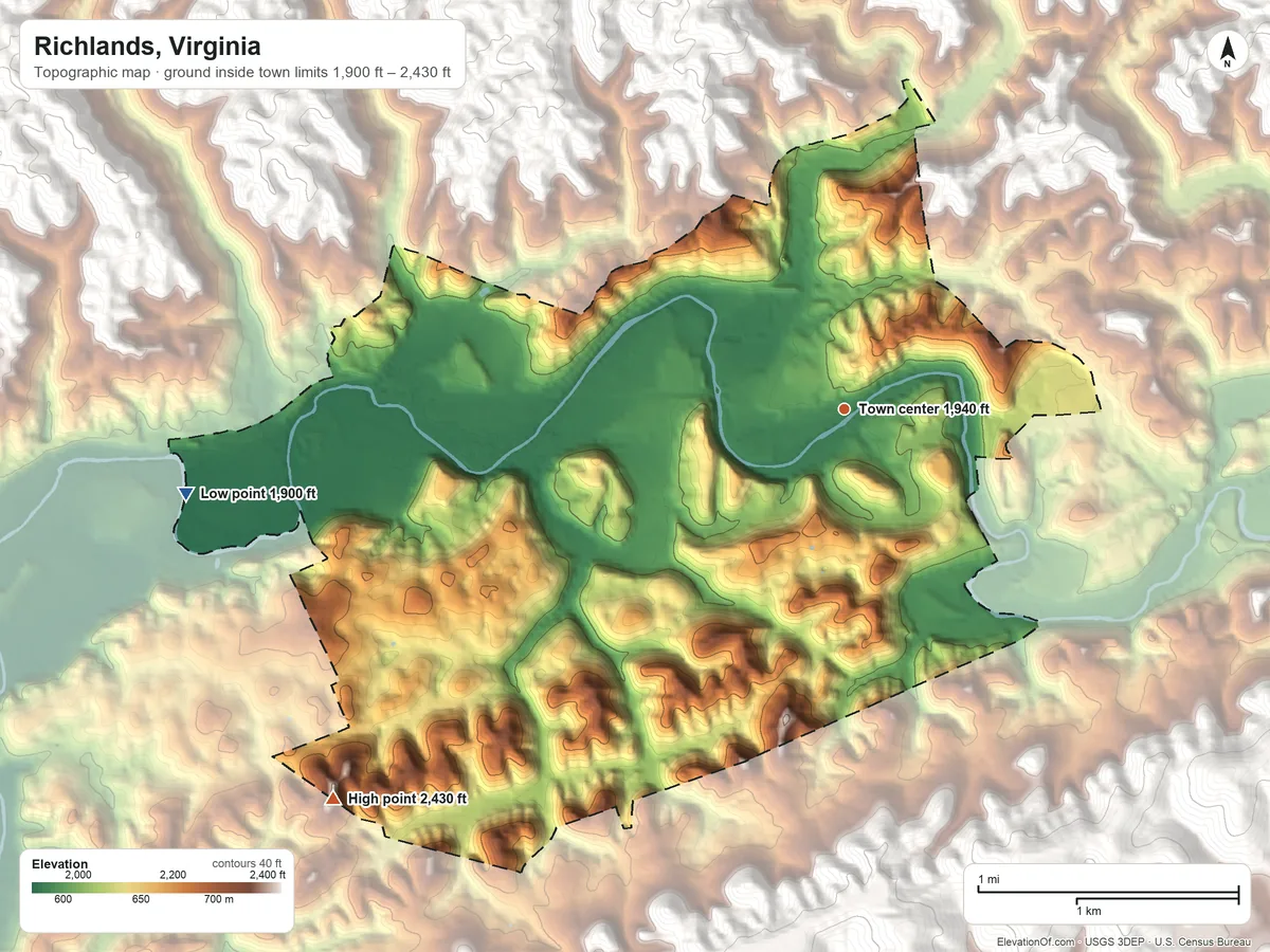 Topographic elevation map of Richlands, Virginia, shaded from 1,900 ft on the west side to 2,430 ft on the southwest side