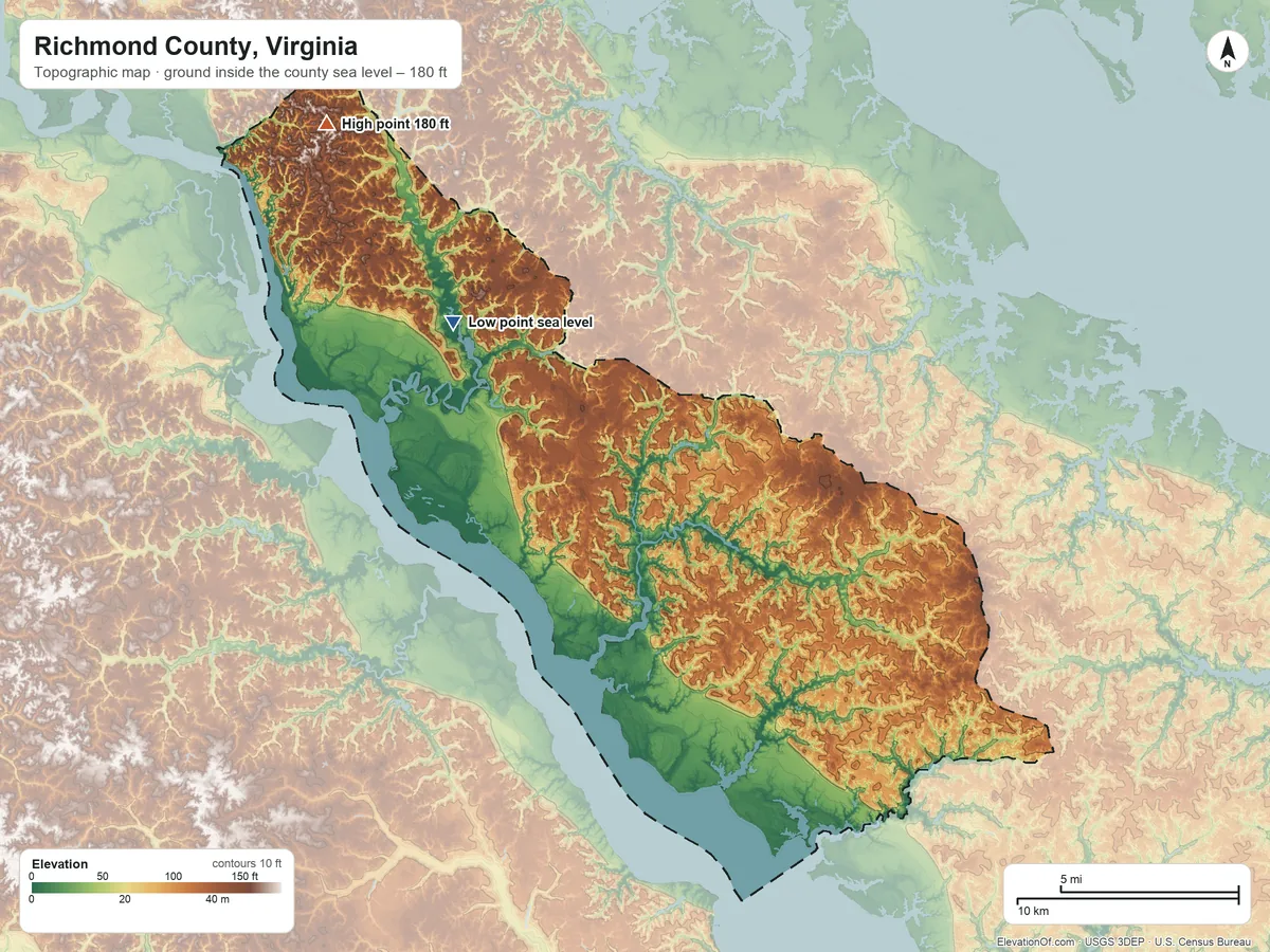 Topographic elevation map of Richmond County, Virginia, shaded from sea level on Menokin Bay to 180 ft on China Hill