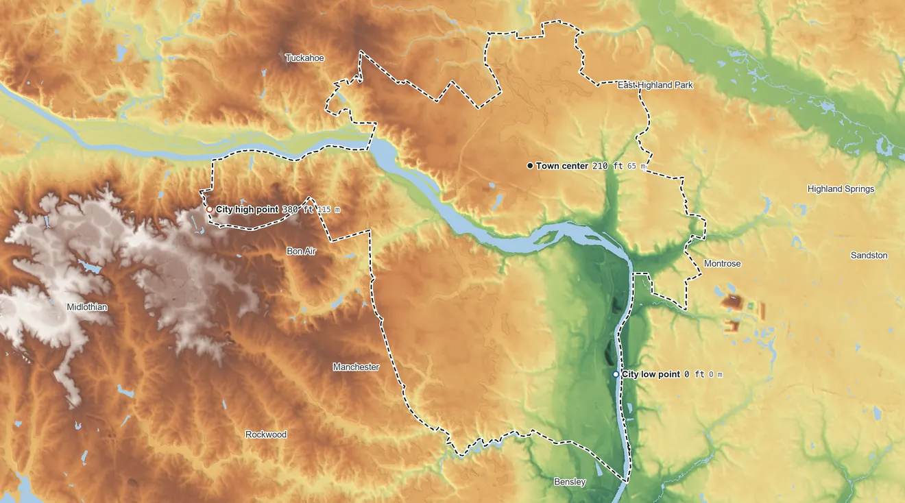 Topographic elevation map of Richmond, Virginia, shaded from 0 ft on the south side to 380 ft on the west side