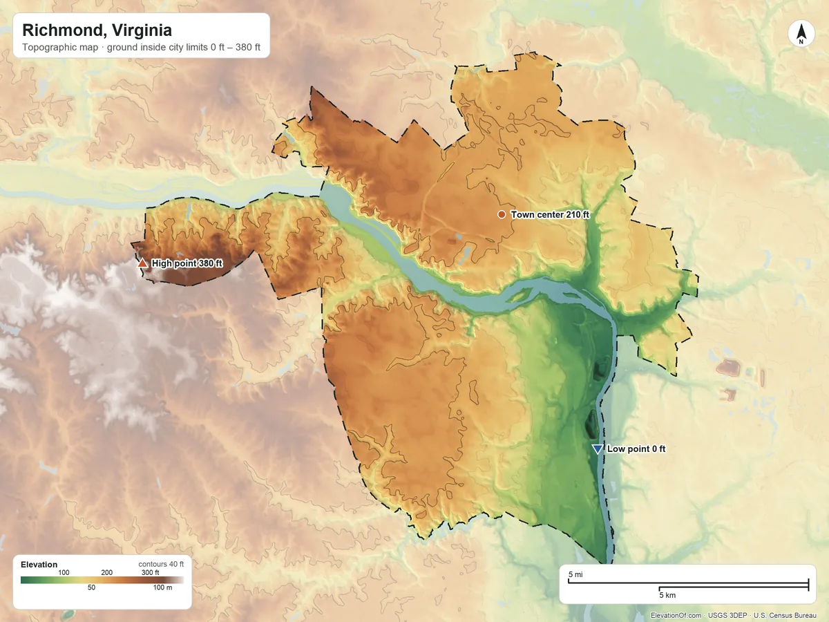 Topographic elevation map of Richmond, Virginia, shaded from 0 ft on the south side to 380 ft on the west side