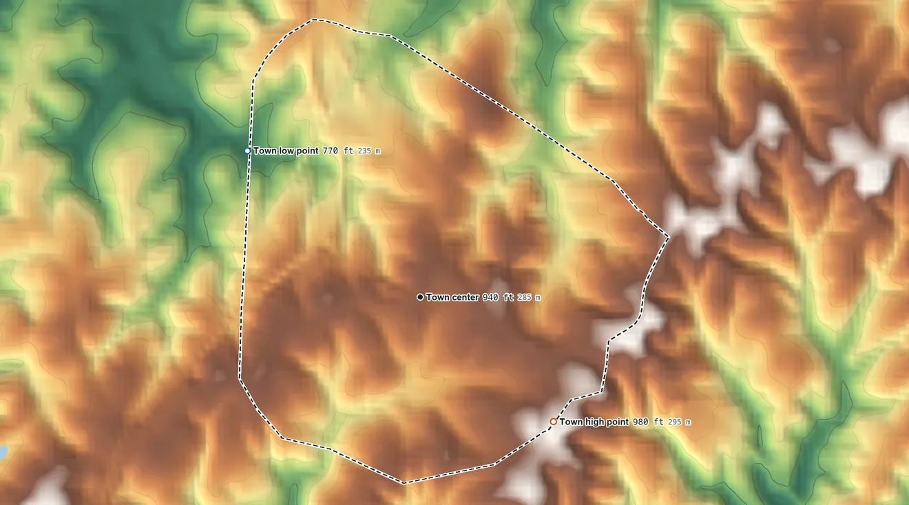 Topographic elevation map of Ridgeway, Virginia, shaded from 770 ft on the northwest side to 980 ft on the southeast side