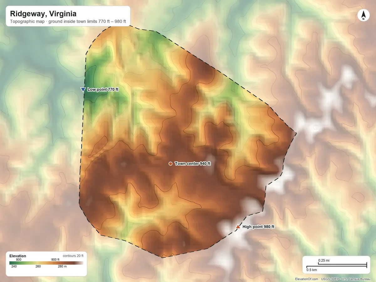Topographic elevation map of Ridgeway, Virginia, shaded from 770 ft on the northwest side to 980 ft on the southeast side
