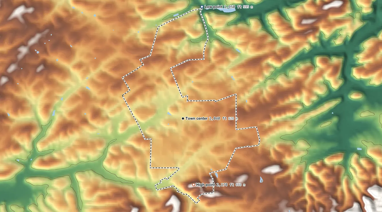 Topographic elevation map of Riner, Virginia, shaded from 1,950 ft on the north side to 2,170 ft at the foot of the Pedlar Hills