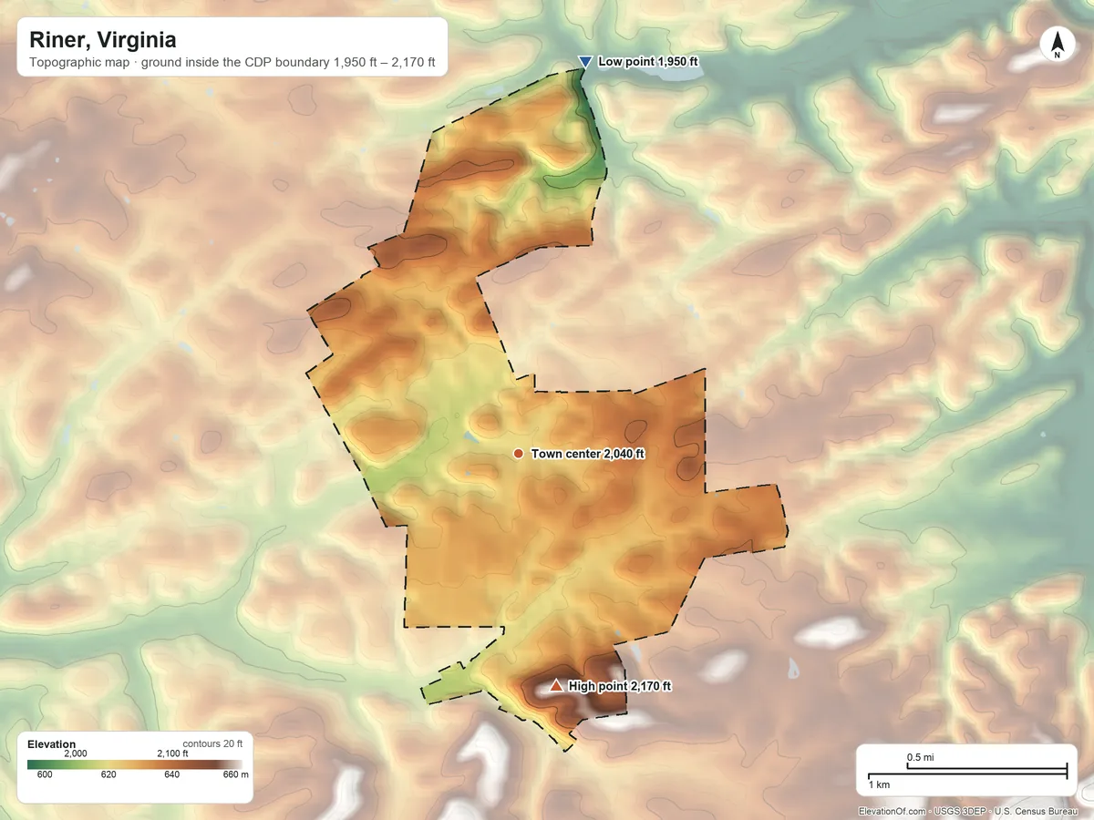 Topographic elevation map of Riner, Virginia, shaded from 1,950 ft on the north side to 2,170 ft at the foot of the Pedlar Hills