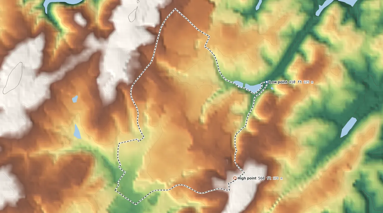 Topographic elevation map of Rio, Virginia, shaded from 410 ft on the northeast side to 560 ft on the southeast side