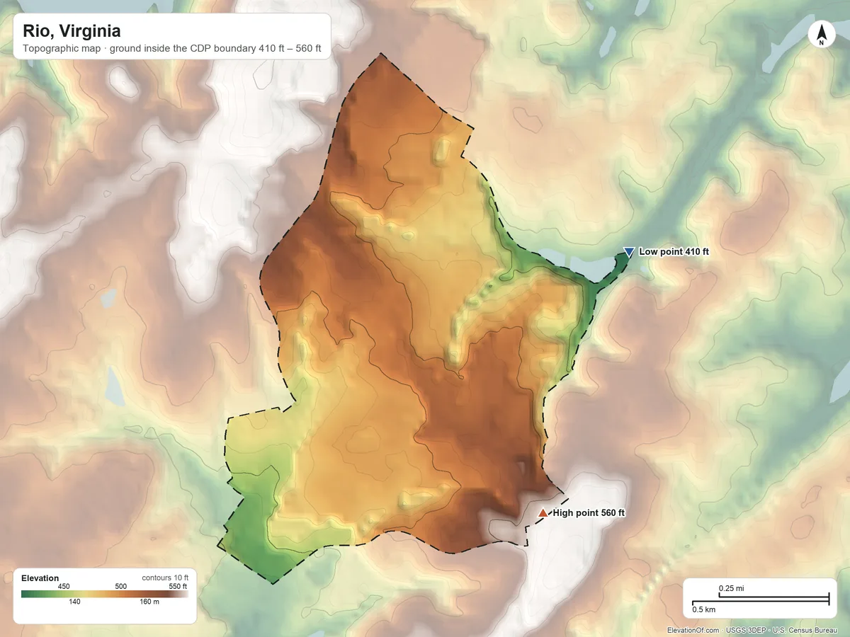Topographic elevation map of Rio, Virginia, shaded from 410 ft on the northeast side to 560 ft on the southeast side