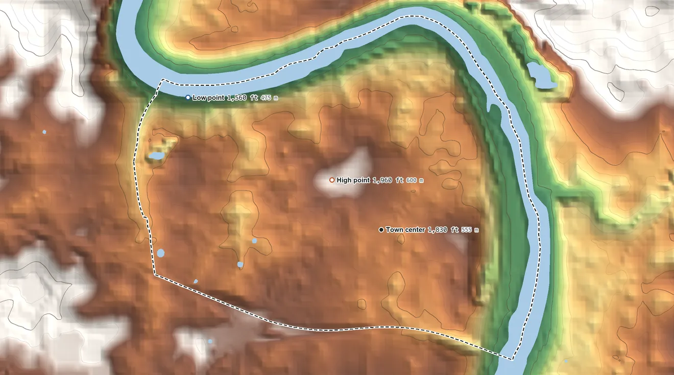 Topographic elevation map of Ripplemead, Virginia, shaded from 1,560 ft on the northwest side to 1,960 ft on the northwest edge, below higher ground just outside