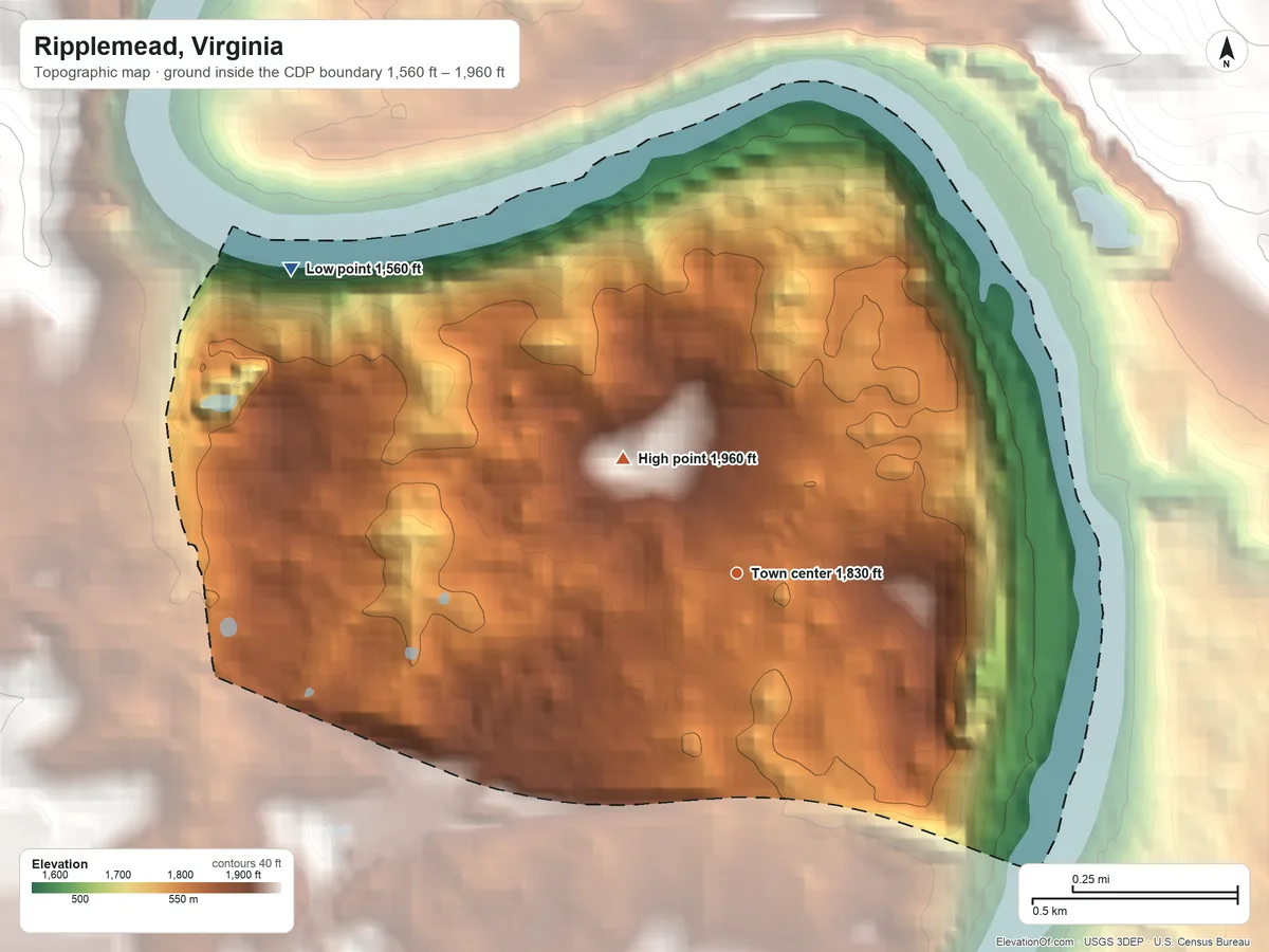 Topographic elevation map of Ripplemead, Virginia, shaded from 1,560 ft on the northwest side to 1,960 ft on the northwest edge, below higher ground just outside