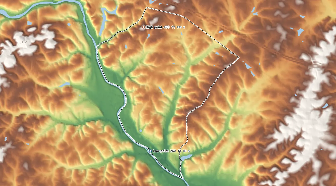Topographic elevation map of Rivanna, Virginia, shaded from 260 ft on the south side to 450 ft on the north side