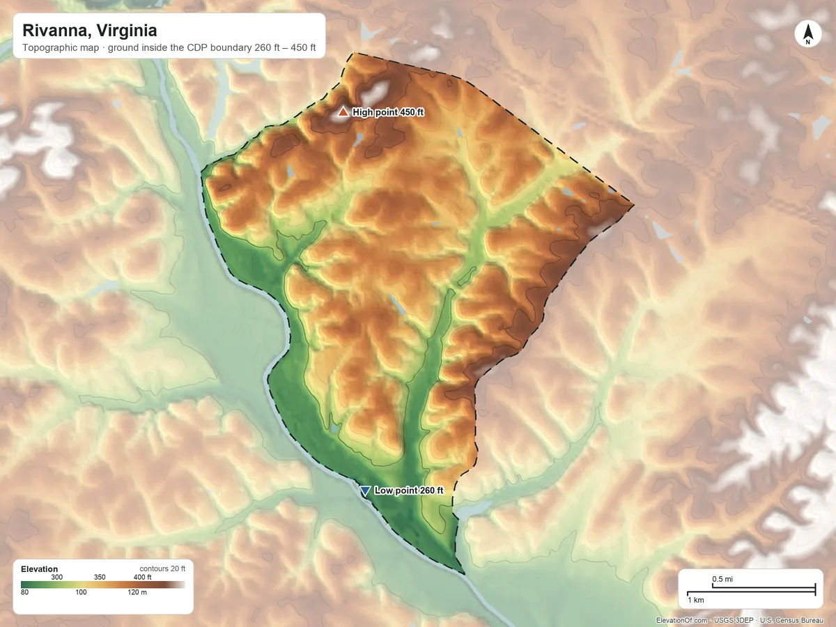 Topographic elevation map of Rivanna, Virginia, shaded from 260 ft on the south side to 450 ft on the north side